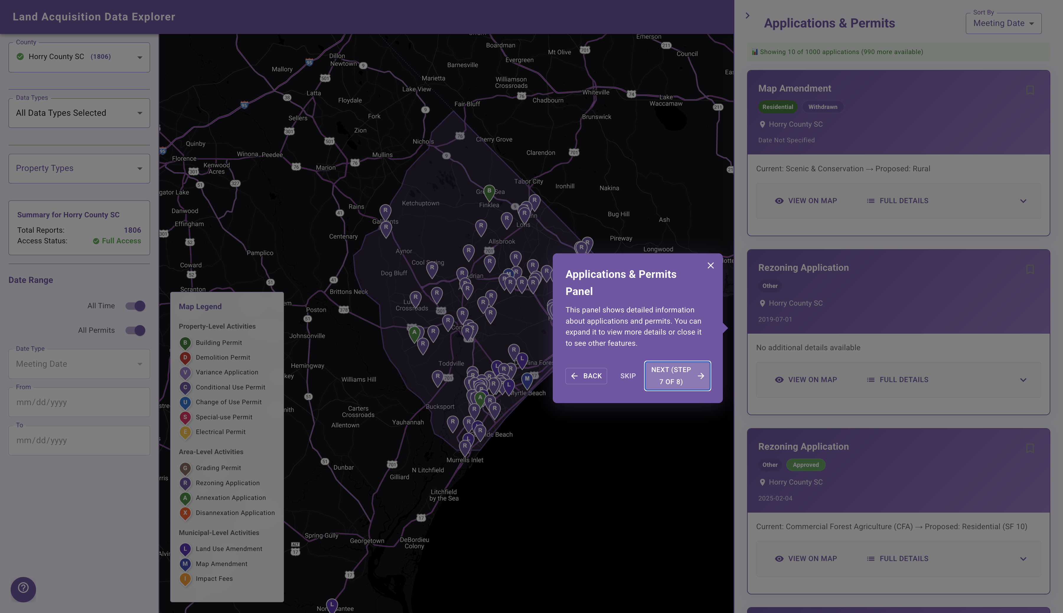 Step 7: Applications & Permits Panel showing detailed property and zoning information
